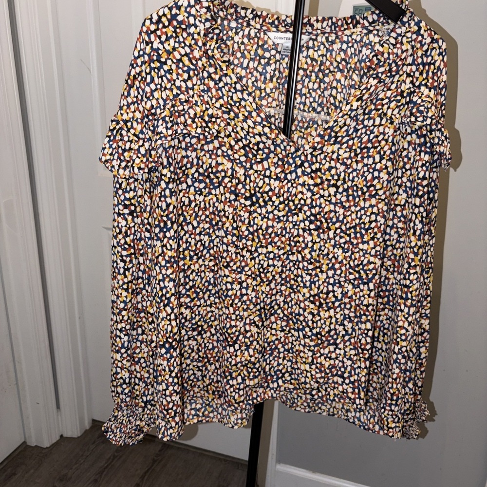 Counterparts Women's XL Top V-Neck Long Sleeve Ruffle Boho Geometric Ditsy Flowy